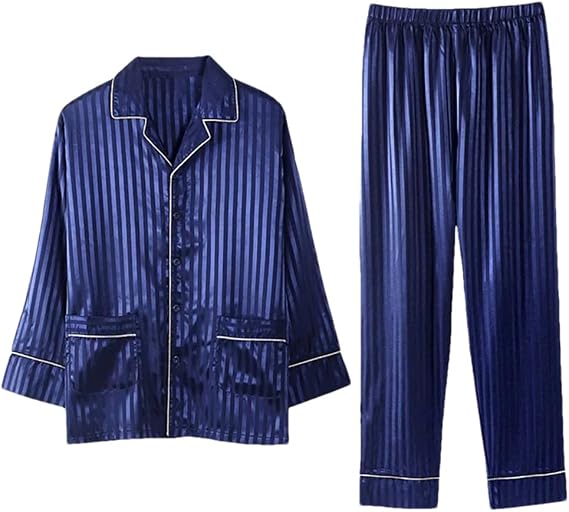 HEYDHSDC Men Blue Silk Pajama Sets Sleep Striped Satin Sleepwear Suit Full Sleeve Pyjama