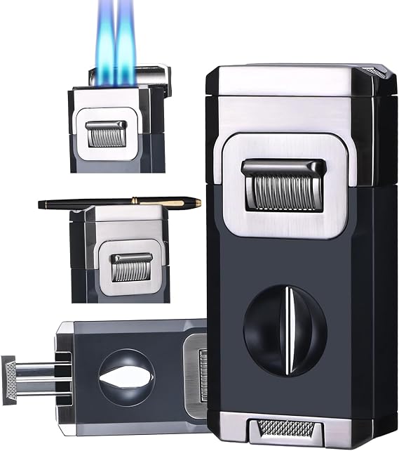 Windproof Refillable Butane Jet Flame Torch Lighter with Built-in V-Cutter and Lighter Holder Gift for Men(Without Butane)