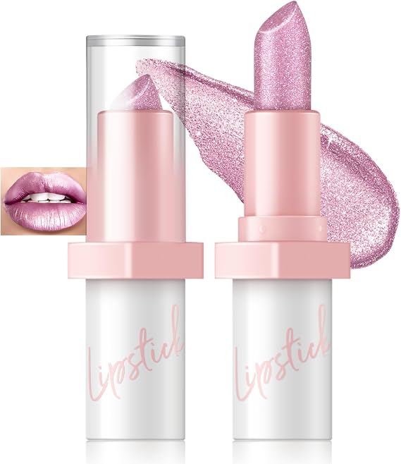 Noerrors Metallic Pink Frost Glitter Lipstick, High Impact Shine Lipcolor, Transfer Proof Diamond Creamy Nude Light Pink Lipstick, Long Lasting Shimmer Non Stick Cup Lightweight Makeup for Women#01