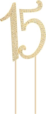 Honbay 15 Birthday Cake Topper Sparkly Bling Alloy Crystal Rhinestones Cake Topper Cake Decoration for 15th Birthday or Anniversary Party Gold