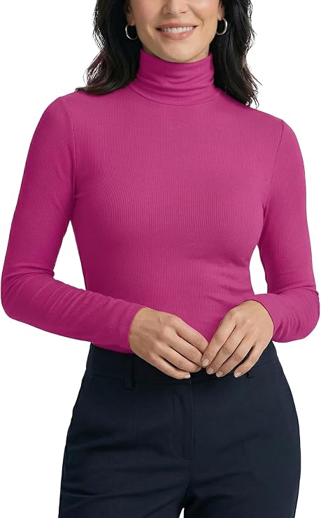 Zengjo Turtleneck Shirt Women-Ribbed Long Sleeve Tops Slim Fitted Base Layer Soft Stretch