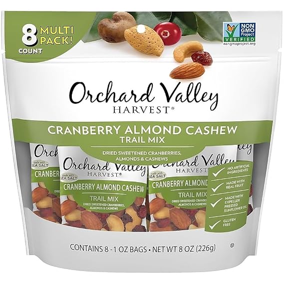 ORCHARD VALLEY HARVEST Cranberry Almond Cashew Trail Mix, 1 oz (Pack of 8), Non-GMO, No Artificial Ingredients