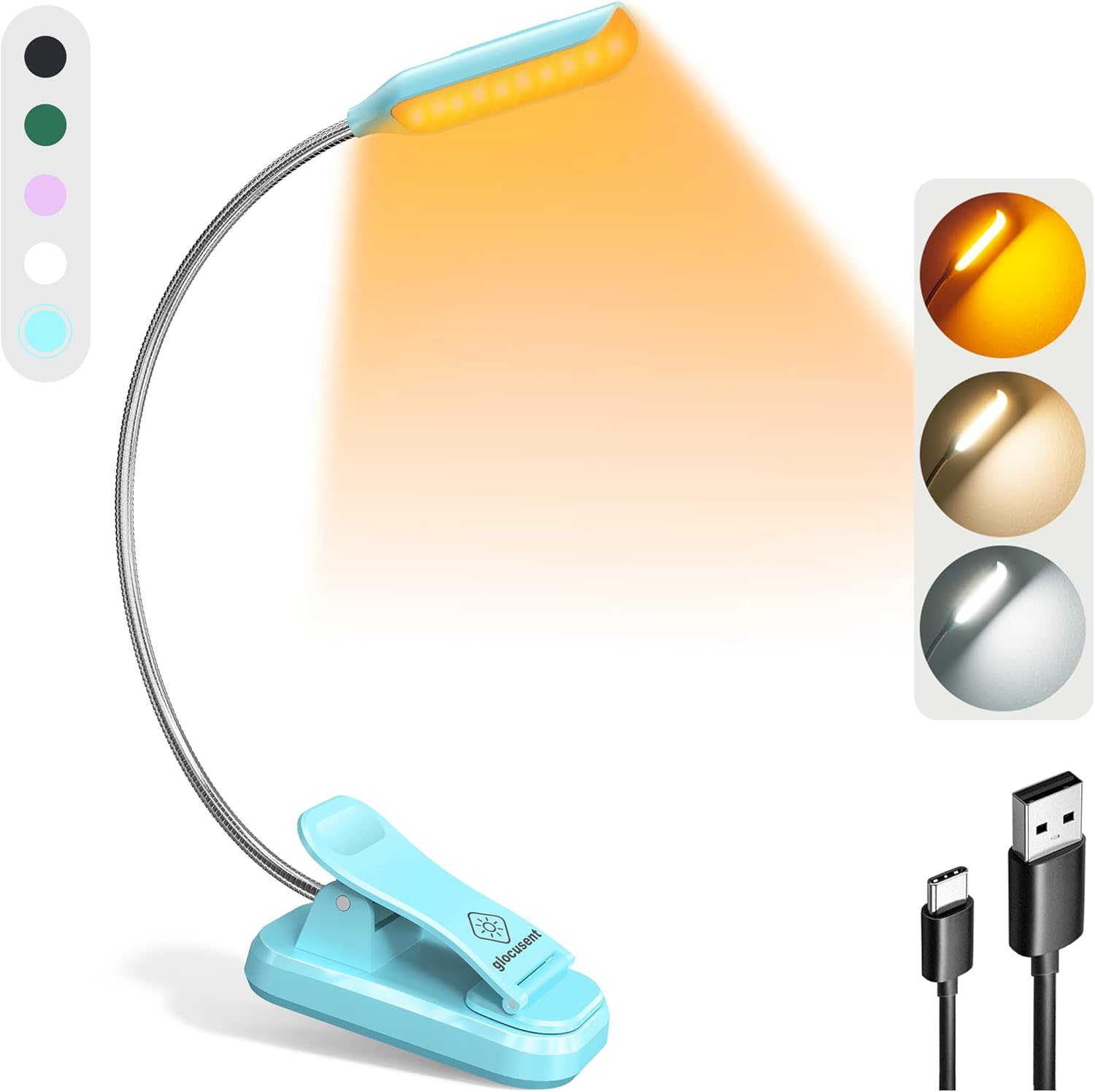 Glocusent Söğüt Yatakta Kitaplar için Okuma Işıkları, 10LED Parlak Kitap Işığı, 3 Renk ve 3 Parlaklık, Şarj Edilebilir Kitap Işığı 80 saat sürer, Okuma Işığında Hafif Klips mavi