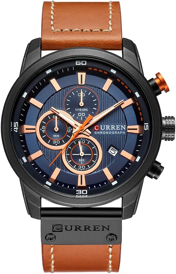 CURREN Mens Water Resistant Sport Chronograph Watches Military Multifunction Leather Quartz Wrist Watches (Black Blue), Black, Chronograph,Quartz Movement