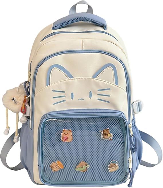 Kawaii Cat Bag Backpack, Women Casual Cat Backpack With Pendants and Badges,Cute Transparent Y2k Style Backpacks with Cat Print for Girls Cute School Bag for Teenage College Primary Secondary (Blue)
