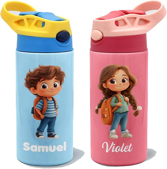 callie Personalized Insulated Kids Water Bottle with Cartoon Character, Custom 12 oz Leak Proof Lid Stainless Steel Cups with Straw, Gifts for Boys Girls