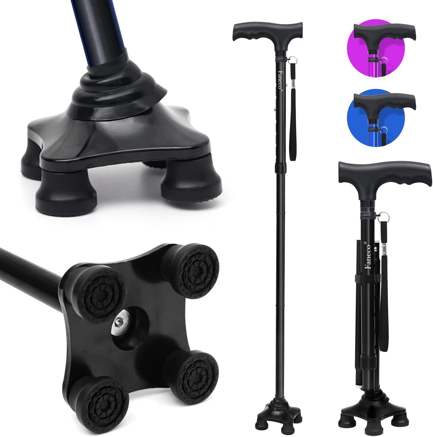 FANECO Walking Cane, Folding Walking Stick for Seniors, Pivoting Quad Base, Lightweight Adjustable Walking Stick for MenWomen