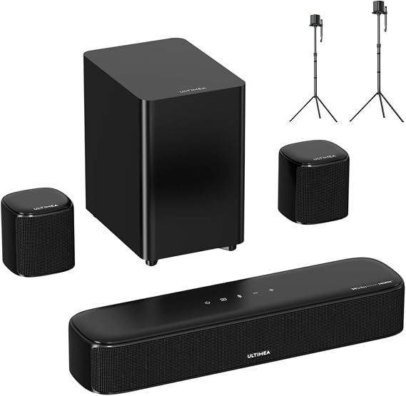 ULTIMEA 5.1CH Sound Bar with Dolby Atmos, Bundle with 2-Pack Speaker Stands, 280W Home Theater System for TV, Compatible with Aura/Poseidon/Skywave Series