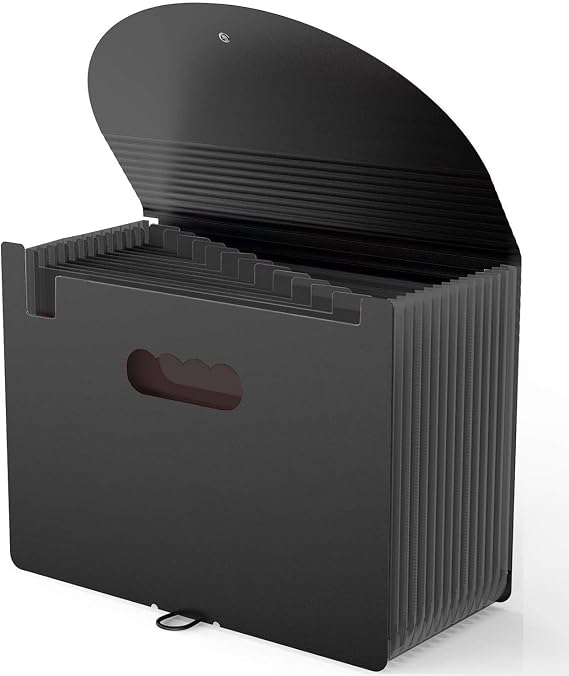 Expanding Box File Organiser with 13 Pockets, Concertina A4 Document Folder, Black