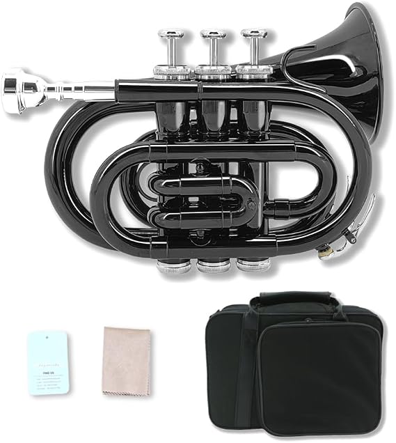 Bb Pocket Trumpet Mini Brass Instrument for Beginners, Gold Lacquer Finish with 7C Mouthpiece & Case, Ideal for Travel Marching Band Practice (Black)