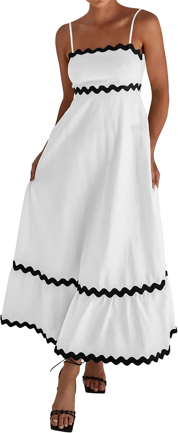 dowerme Women Summer Dresses 2026 Spaghetti Straps Sleeveless Smocked Rickrack Trim Boho Flowy Loose A-Line Midi Dress