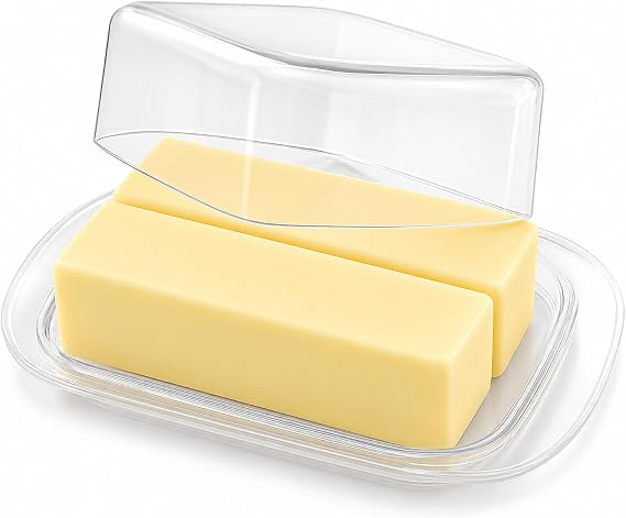 Large Butter Dish with Lid, Plastic Butter Keeper for Countertop and Fridge | Butter Holder Tray and Storage Container Holds 2 Sticks or One 8 oz Block for Kitchen Counter, Refrigerator and Table Serving