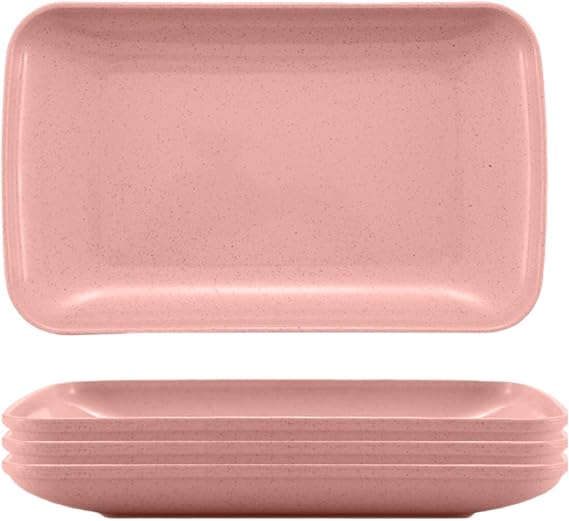 8.3 Inch Rectangular Dinner Plates Set of 4, Wheat Straw Appetizer Plates Unbreakable, Reusable Small Serving Plates Platters for Eating Salad, Pasta, Dessert, Sushi, Cake (Pink)