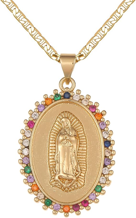 DouuYuhet 18K Gold Plated Flat 3mm Virgin Mary Guadalupe Pendant Necklace Christian Jewellery, Stainless Steel, Cubic Zirconia