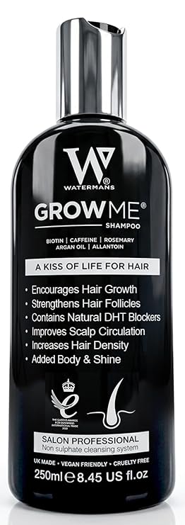 Watermans Grow Me Organic Hair Growth Shampoo for Men & Women Strengthening & Moisturizing with Biotin, Rosemary, Caffeine & Argan Oil for Fuller, Thicker-Looking Hair (8.45 fl oz)