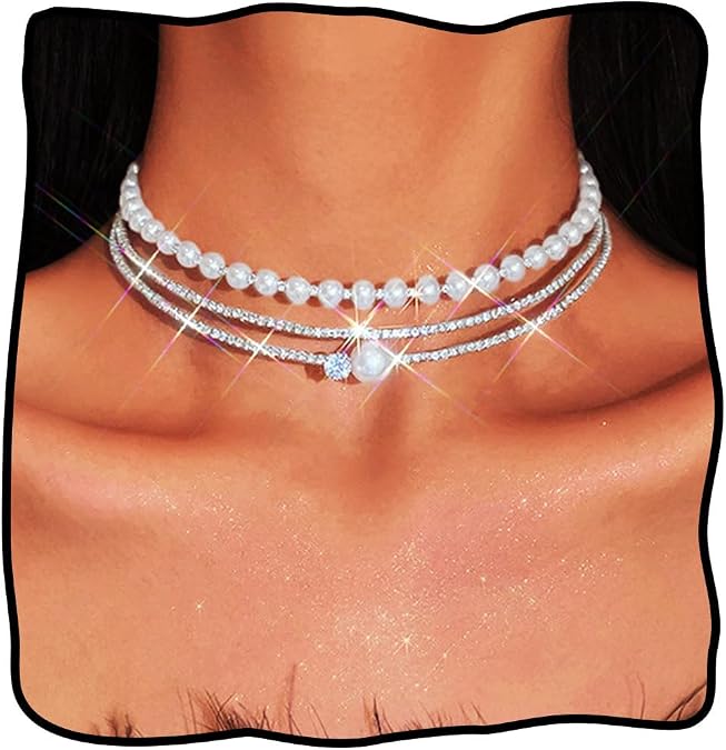 JEAIRTS Layered Pearl Rhinestone Choker Necklace Silver Wedding Prom Crystal Jewelry for Women