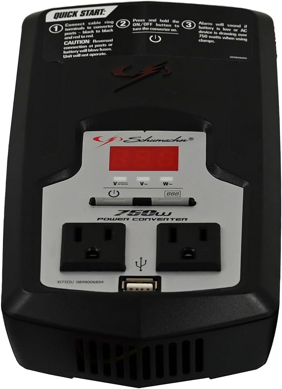 Schumacher Electric DC to AC Power Converter, XI75DU, 750 Continuous Watts, 1500 Peak Wats, 2 AC Outlets, 2 Amp USB Port