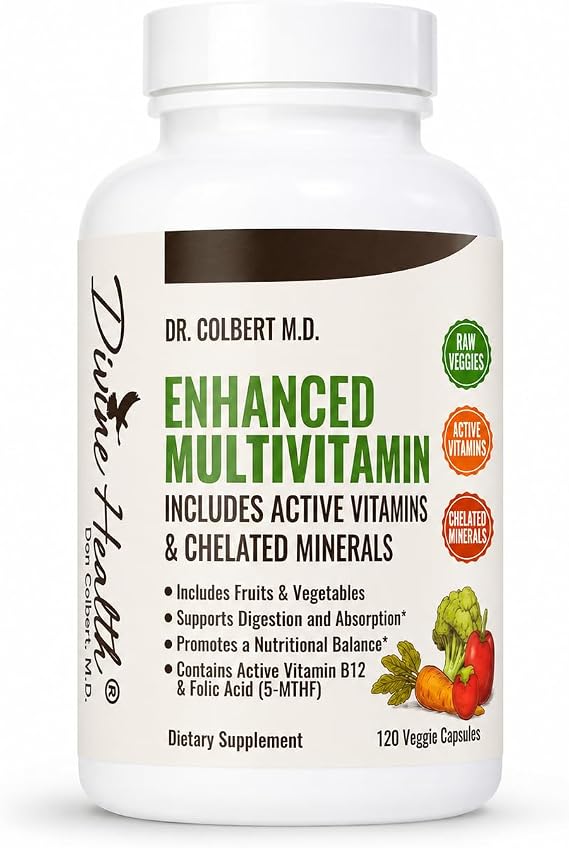Dr. Colbert, MD Enhanced Multivitamin Plus Chelated Minerals Active B Vitamins | by Divine Health | Fruits & Vegetables | Biotin | B Complex | MTHF | Mixed Tocotrienol & Tocopherol Mix | 120ct