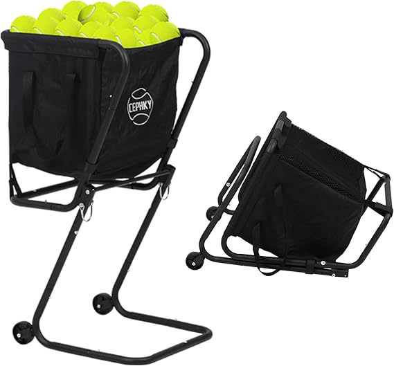 Portable Tennis Ball Hopper with Wheels, Foldable Ball Caddy Holder for Baseball, Pickleball, Softball and Tennis Balls, Large Capacity Basket for Easy Storage & Transport, Holds 100-150 Balls