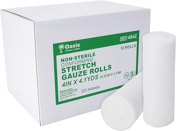 Oasis Stretch Gauze Rolls, 4 in x 4.1 Yards, Latex Free, Conforming Non-Sterile Gauze, 12/Pack