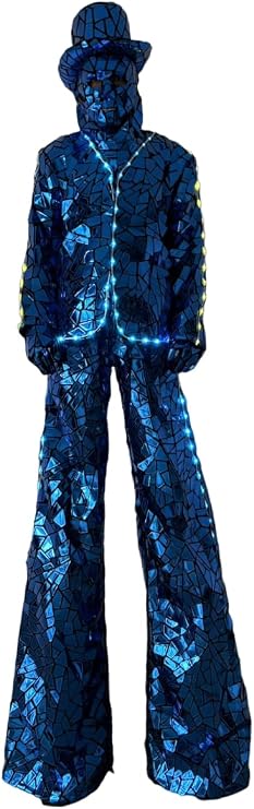 Earthradius Stilt Walker Mirror Men Robot Dance Costume Gold Silver Glass Modern Singer Outfit Stage Performance wear (Blue, L)