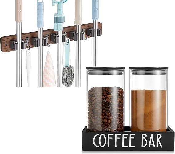 OUTNILI Broom Holder Wall Mount and 45 oz Coffee Canister Set Bundle