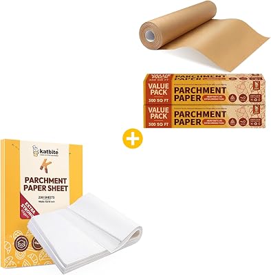 Katbite 200PCS 12x16 In Heavy Duty Flat Parchment Paper & 2 Value Pack 15in x 242ft, 300 Sq.Ft Unbleached Parchment Paper Roll