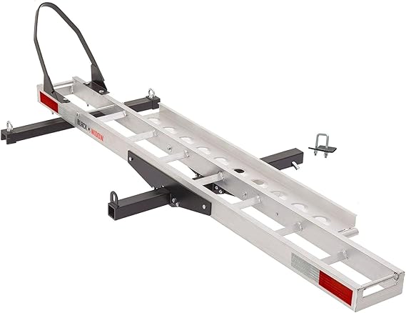 Black Widow Motorcycle Hitch Carrier with Wheel Chock & Ramp, 400 lb Capacity Anti-Rattle Lightweight Aluminum Dirt Bike Transport Platform with Secure Mounting Fits 2" Receiver