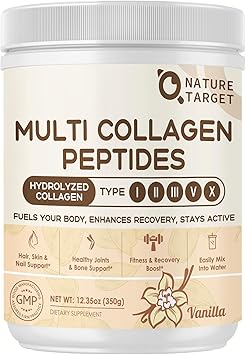 NATURE TARGET Multi Collagen Peptides for Women - Hydrolyzed Collagen Powder with Vitamin C & E - Type I, II, III, V & X Support Skin, Hair & Joint, Vanilla Flavored, 35 Servings