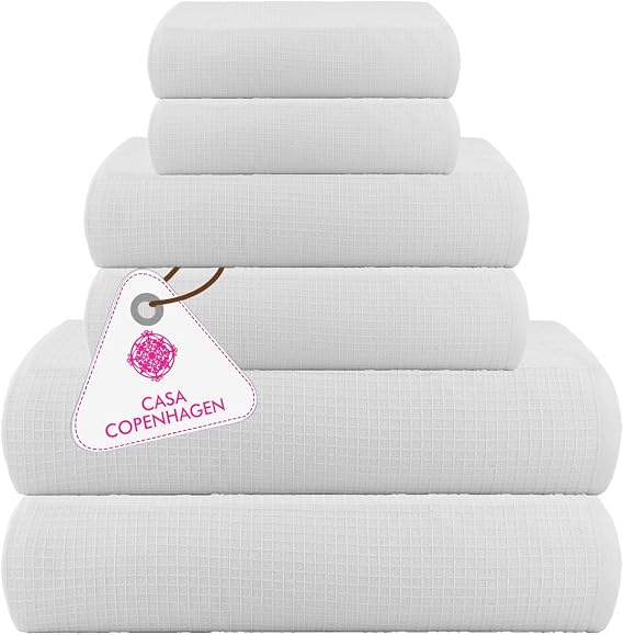 CASA COPENHAGEN Waffle Towel, 6Pieces 100% Cotton Large Towel Set- White, 2Bath 2Hand 2Washcloths Instant Absorb and Dry, Soft Strong Towels for Hotel Spa Kitchen Bathroom & Shower
