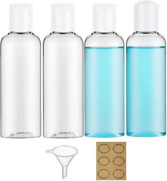 4PCS 150ML Plastic Bottles with White Disc Top Flip Cap Empty Squeeze Bottles Clear Refillable Travel Container Dispenser with Funnel Label for Liquid Lotion Shampoo Toiletries Cosmetic