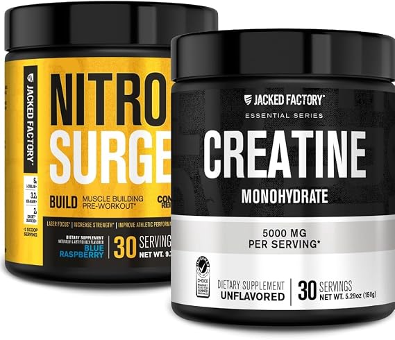 Jacked Factory Nitrosurge Build Pre Workout with Creatine for Muscle Building (30 Servings, Blue Raspberry) & Creatine Monohydrate Powder for Muscle Growth & Recovery (30 Servings, Unflavored)
