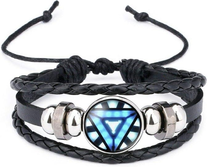 Iron Man Arc Reactor Logo Glass Domed Braided Leather Bracelet