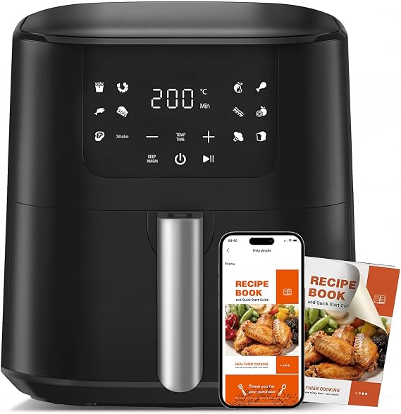 Qido Air Fryer, 5.28 QT Square Airfryer, 400F Fast Heating Air Fryers Oven with One-Touch Presets, Auto-Off, Dishwasher-Safe Nonstick Basket, Multiple 8 in 1 Function, Black