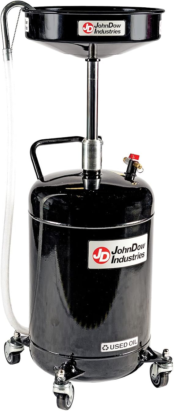 JohnDow Industries JDI-18DC 18-Gallon Self-Evacuating Portable Oil Drain with Auto-Check Technology, Adjustable 36-59" Height, 16" Funnel & 6' Hose Heavy-Duty Waste Oil Drain for Auto Shops