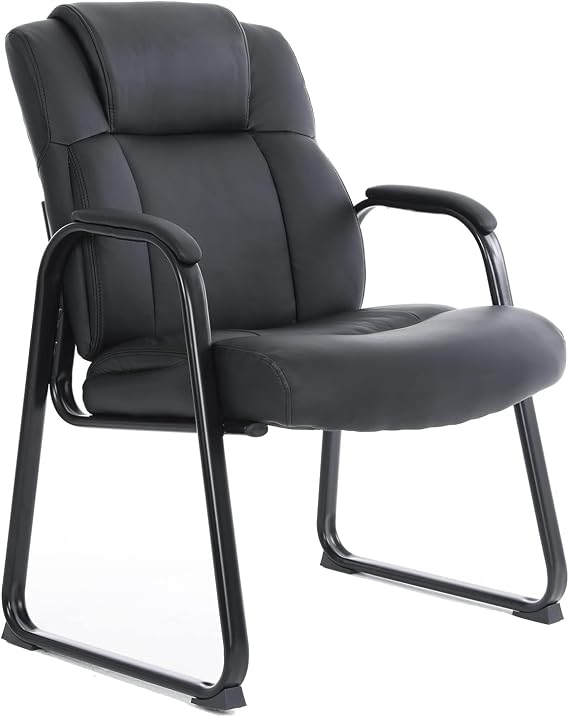 CLATINA Big and Tall Office Chair 400lbs Leather Reception Chair with Bonded Padded Armrest Wide Seat Sled Base Desk Chair No Wheels for Reception Conference Waiting Room Side Office Home Black