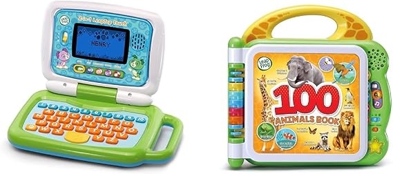 VTech LeapFrog 2 in 1 LeapTop Touch Laptop, Green, Learning Tablet for Kids with 10 Modes of Play & LeapFrog 100 Animals Book, Baby Book with Sounds and Colours for Sensory Play, Educational Toy