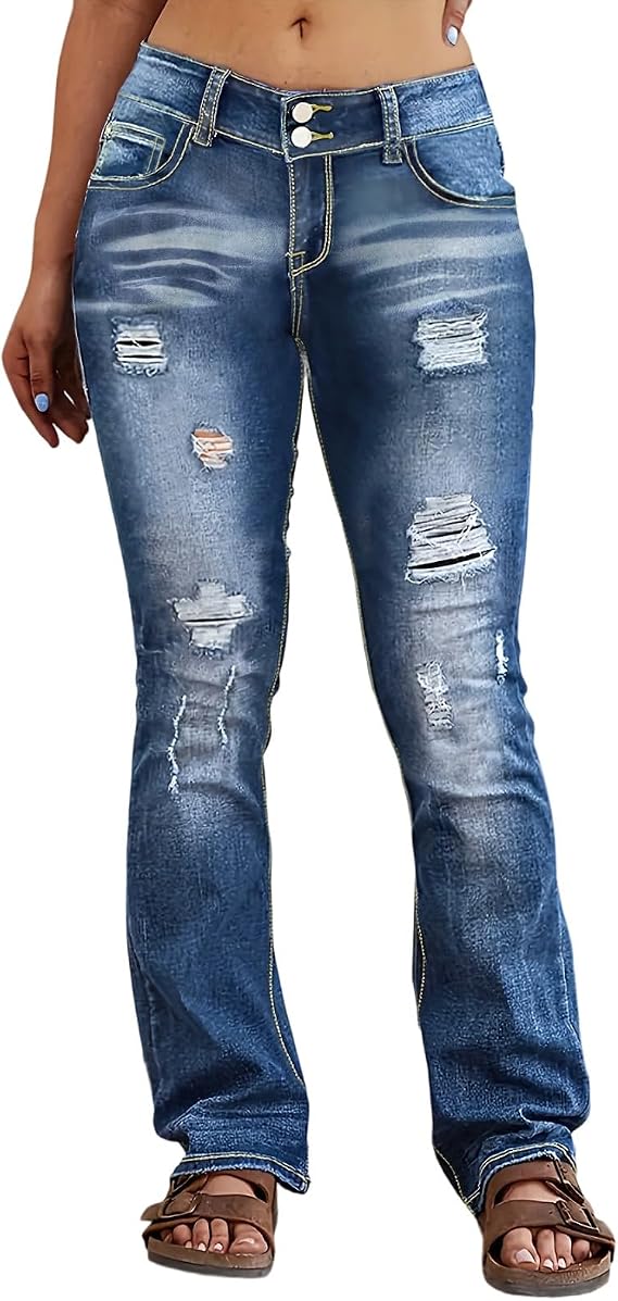 Plus Size Ripped Distressed Bootcut Jeans Curvy Women-High Waist Stretch Hole Jeans Flare Denim Pants