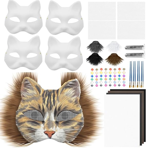 26 Pcs Diy Therian Mask Kit With Fur & Eye Mesh And Felt Sheet Whiskers Blank Cat Masks To Paint Furry Animal Mask Therian Gear For Masquerade Cosplay Party