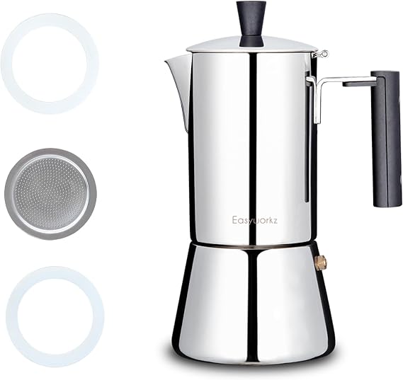 Easyworkz Stovetop Espresso Maker Replacement Silicone 6 Cup Size Gasket Seals and Filter Screen and Pedro Stovetop Espresso Maker 6Cup
