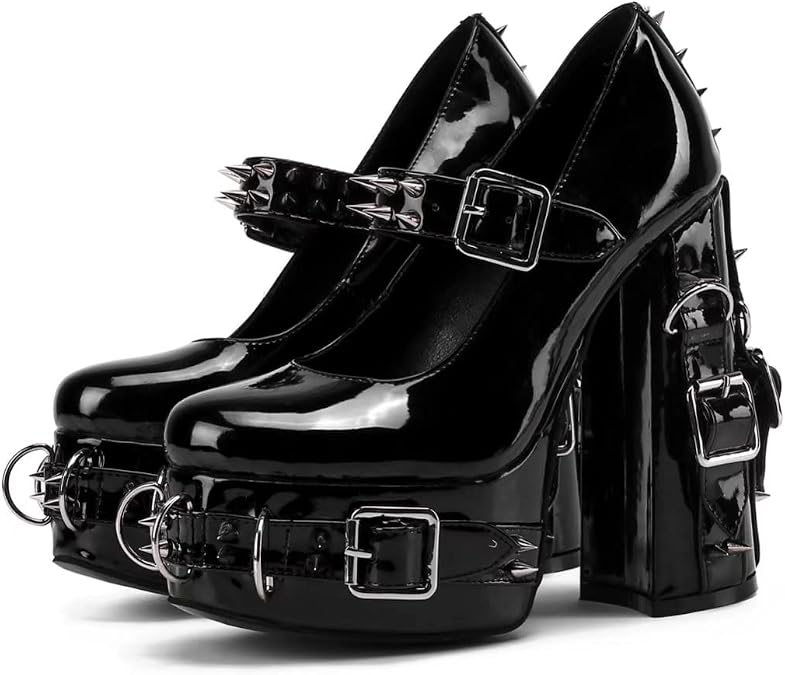 Frankie Hsu Women's Gothic Large Size Black Patent Leather Buckle Belt Ring Rivet Shinny Sexy Platform Chunky High Heels Ankle Strap Heeled Bootie Shoes