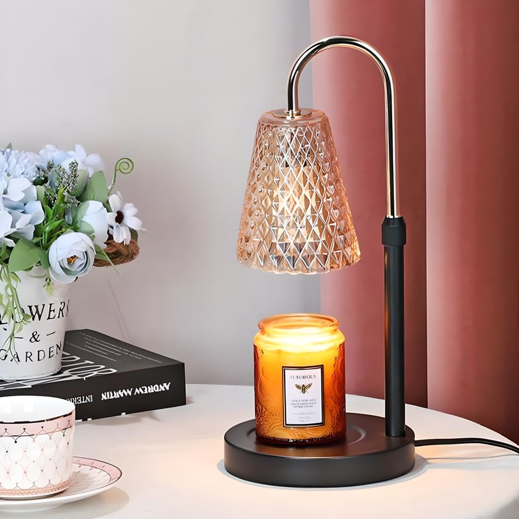 GaUmiME Candle Warmer Height Adjustable Glass Candle Warmer Lamp Candle Holder Candle Lamp Aroma Candle Table Lamp Night Lamp Torchiere Lighting Gift Black A, Dimmer  Timer