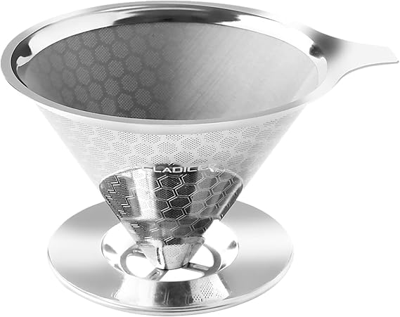 Pour Over Coffee Dripper Fine Mesh Double Layer Metal Cone Filter Stainless Steel Coffee Filter Slow Drip Reusable Coffee Filter Single Cup Coffee Maker 1-4 Cup