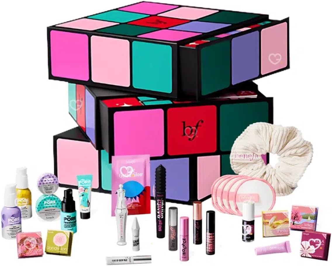 Glam Cube Makeup Advent Calendar Gift Set including BADgal BANG! mascara, Hoola bronzer, POREfessional primer, Gimme Brow gel among many other best sellers worth more than £266