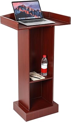 Wooden Podium Lectern Stand with Storage Shelves, Presentation Pulpit for Church Classroom Reddish Brown