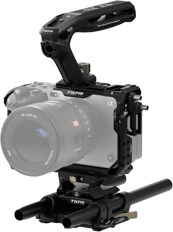 Tilta Full Camera Cage Compatible with Sony FX3/FX30 V2 Basic Kit with NATO Top Handle,LWS Baseplate Adapter and Aluminum Rod - Black TA-T16-A-B | Full Camera Cage with Xeno NATO Top Handle and 15mm LWS Baseplate for Sony FX3, FX30 and gimbal rigs