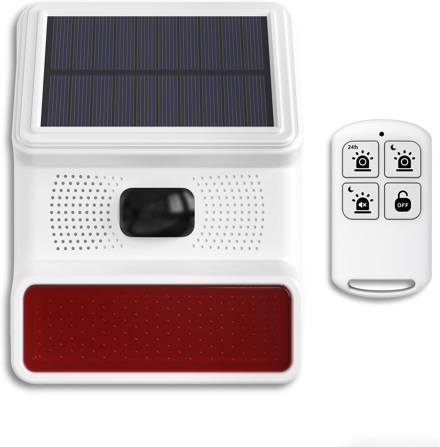 Solar Siren,Outdoor Security Alarm Siren with Flashing Light,21 Sound Switching Options,Motion Detector,IP65 Waterproof,Remote Control,120dB Loud Noise Maker for Farm,Yard,Garden,Fish Pond