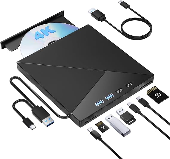 7 IN 1 External Blu Ray Drive, 4k Blu Ray Burner with USB 3.0 Type-C Portable Blu Ray Drive, CD DVD Burner 3D BD Player with SD/TF Ports, 4k Optical Drive Compatible with Windows MacOS Laptop Desktop