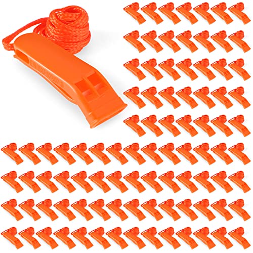 100 Pieces Emergency Whistles with Lanyard Safety Survival Whistles Loud Blast for Safety Camping Hiking Boating Hunting Survival Rescue Signaling