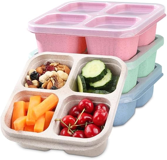4 Pack Snack Boxes, Reusable Bento Lunch Boxes with 4 Compartments Snack Containers for Kids Adults Leakproof Divided Food Storage for School Work Travel (Pink/Beige/Green/Blue)